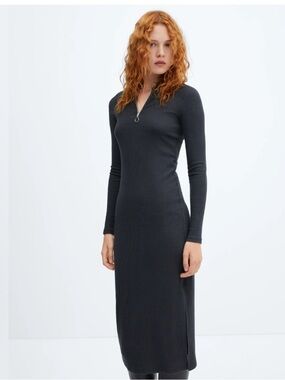 Mango Charcoal Ribbed Long-Sleeve Midi Dress with Zip